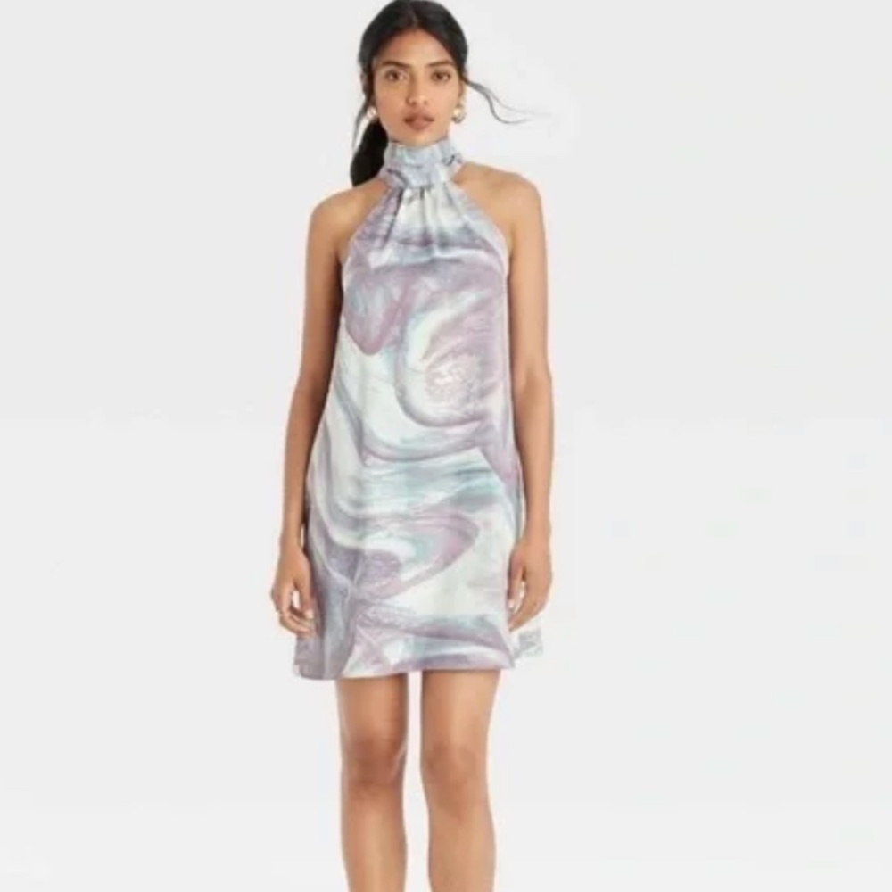 A New Day Brown Swirl Halter Neck Back Tie Sleeveless Mini